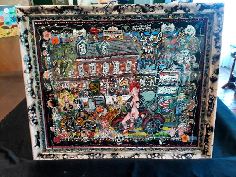 “Bikers’ Bash at Augustine Inn” is a piece the artist’s husband just had to have for his man cave!